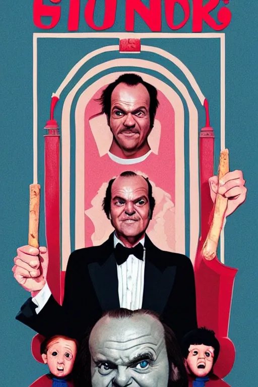 Image similar to a movie poster for the film the shining featuring a large portrait of jack nicholson's face and an axe in the style of the grand budapest hotel.