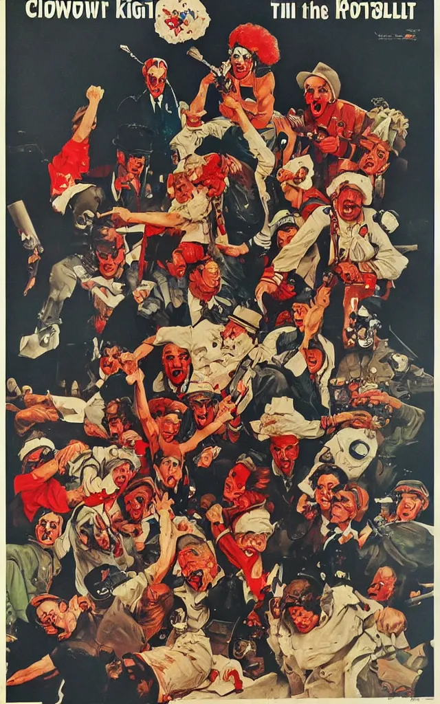 Image similar to clown fight, in the style of norman rockwell, cold war, propaganda poster, sci - fi illustrations, highly detailed, award - winning, patriotic, soviet, ussr, dark, gritty, ink