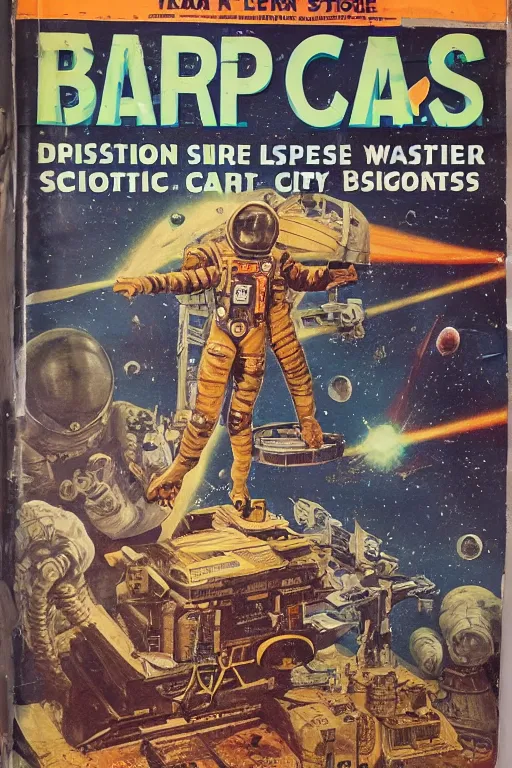 Image similar to photo of poor condition, torn, stained, vintage pulp scifi science fiction magazine cover on a table top, showing men wearing space suits shooting laser beams at a monster in an alien city, illustrated by basis gogos and arle bergey, 4 k, high definition