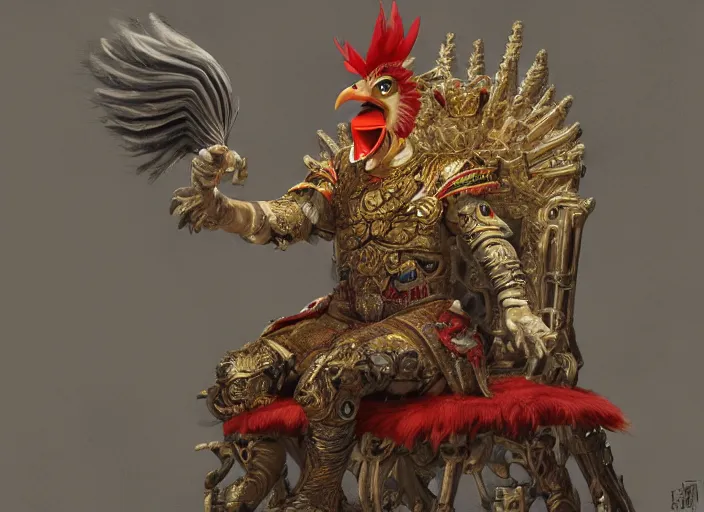 Prompt: medium shot portrait of the emperor of japan dressed as a chicken with a scary smile, sitting on his throne, highly detailed painting by craig mullins, 4 k resolution, trending on artstation, 8 k, man dressed as a chicken