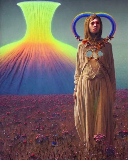 Image similar to A portrait of a woman wearing clothes made out of dying flowers, nuclear explosion in the background, Masterpiece, rainbow colored skin, glowing, wires everywhere, by Edgar Maxence and Ross Tran, Zdzisław Beksiński, and Michael Whelan, distant, gustav dore, H.R. Giger, 8k, octane render
