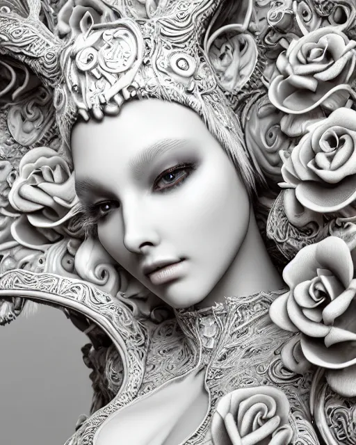 Image similar to bw dreamy close - up profile face, beautiful young porcelain intricate steampunk bio - mechanical vegetal - dragon - cyborg - female, white roses ornate metallic armour, white fluffy feathers, fine mandelbrot fractal lace, 1 5 0 mm, soft rim light, elegant, hyper real, ultra detailed, octane render, hg giger, 1 6 k