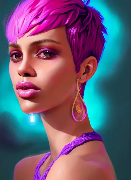 Image similar to portrait of vanessa morgan with bright pink hair, curly pixie cut hair, wearing a purple breton cap, breton cap, hoop earrings, intricate, elegant, glowing lights, highly detailed, digital painting, artstation, concept art, smooth, sharp focus, illustration, art by wlop, mars ravelo and greg rutkowski