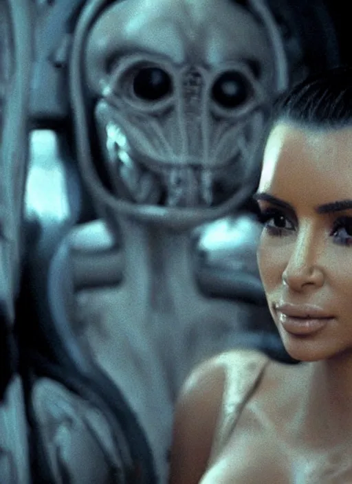 Image similar to movie still of kim kardashian wearing a alien face hugger mask, in the movie alien. cinematic shot.