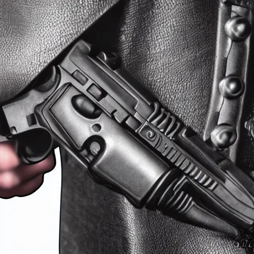 Image similar to humanoid handgun wearing a dark cloak, photorealistic, sharp image, highly detailed, fantasy
