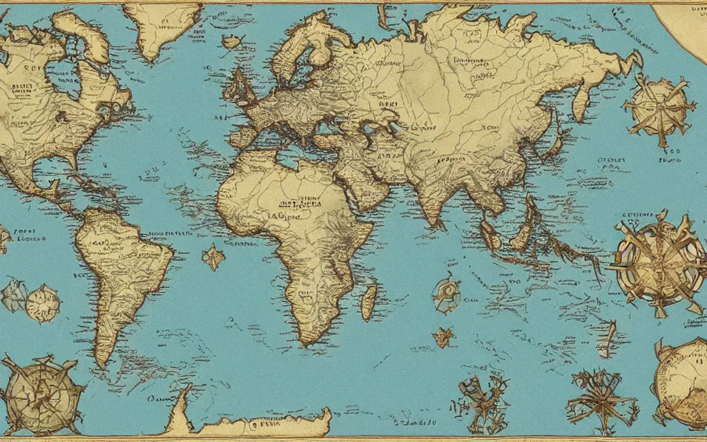 Prompt: a world map for a new fantasy land, topographical view with forests, lakes, oceans, seas, mountains, and other terrains