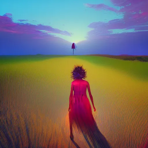 Image similar to portrait, giant dahlia flower head, girl walking between dunes, surreal photography, sunrise, blue sky, dramatic light, impressionist painting, digital painting, artstation, simon stalenhag