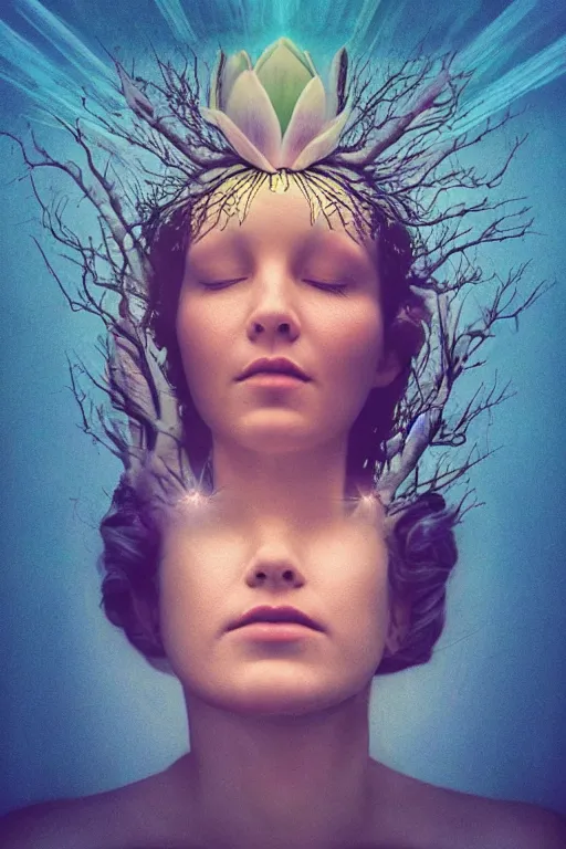 Image similar to a goddess of magnolia a queen of the garden, meditating! with a beautiful symmetrical face!!! cinematic lightning, isolated, studio lighting by barrett biggers artist