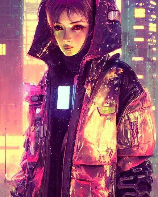 Image similar to detailed portrait neon operator girl, cyberpunk futuristic, neon, reflective puffy coat, decorated with traditional japanese by ismail inceoglu dragan bibin hans thoma greg rutkowski alexandros pyromallis nekro rene margitte, illustrated, perfect face, fine details, realistic shaded, fine - face, pretty face