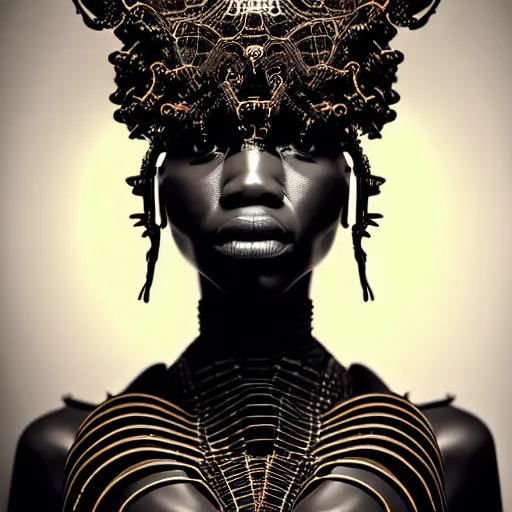 Image similar to portrait of an absurdly beautiful, graceful, sophisticated, fashionable black cyberpunk mechanoid gravure idol, hyperdetailed illustration by irakli nadar, alek wek, matt wisniewski style, intricate linework, dark skin, neon jellyfish headdress, intricate ivory carved ruff, unreal engine 5 highly rendered, global illumination, radiant light, detailed and intricate environment