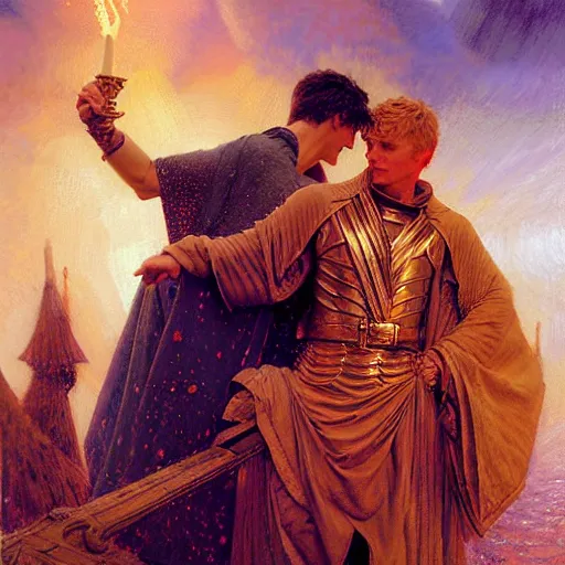 Image similar to attractive, arthur pendragon in love with attractive male, merlin the mage. highly detailed painting by gaston bussiere, craig mullins, j. c. leyendecker