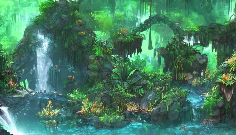 Image similar to concept art of underground jungle cave with waterfalls, luminescent plants, colorful, high detailed, ultra realistic