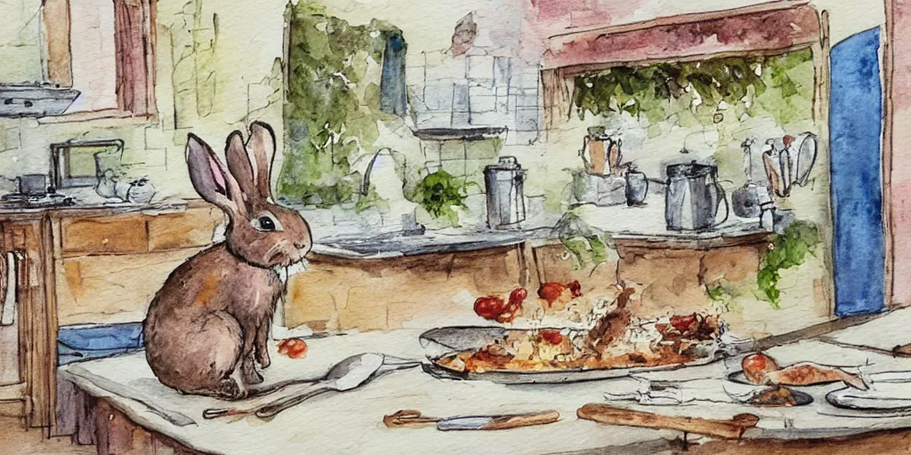 Image similar to a rabbit cooking food inside a french cozy kitchen, realistic watercolour