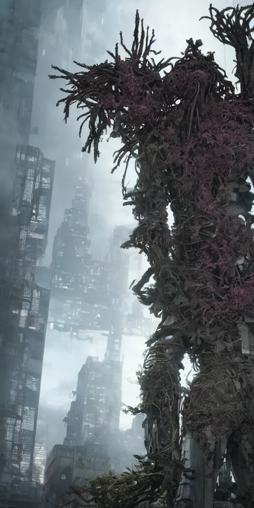 Prompt: a giant overgrown samurai statue standing in a cyberpunk city with nature taking back, decayed, dark fantasy, photorealism, unreal engine, purple hue, sci-fi, by H.R. Giger