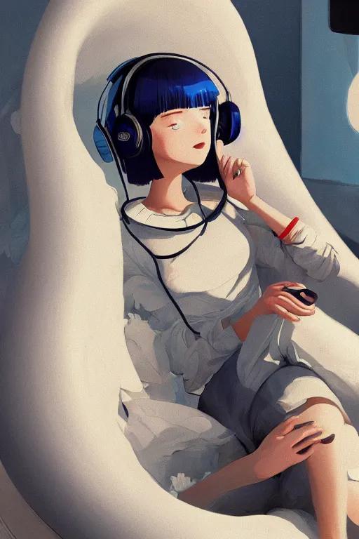 Prompt: a cute young woman listening to music in a bubble chair with her eyes closed and wearing headphones, white bob cut hair, freckles, cozy setting, blue filter, blue and white, soft lighting, cinematic, moody, nier automata, poster, oil on canvas, in the style of Ilya Kuvshinov, Krenz Cushart, Range Murata, 8k