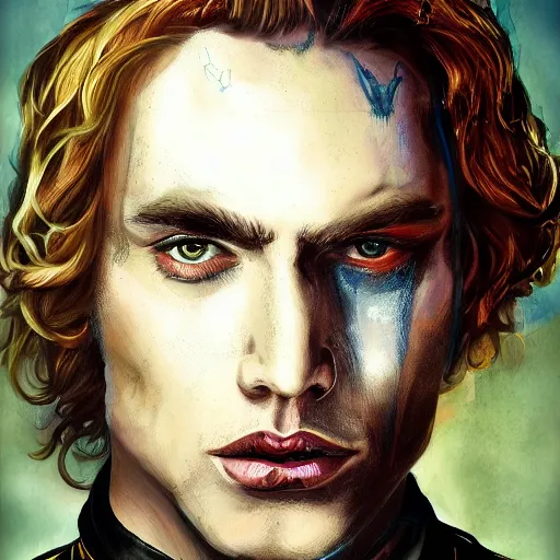 Image similar to demonic portrait of a handsome gorgeous satanic dirty brown haired hippie that looks like cody fern with a straw jawline with long hair past his chest and blue eyes as the human prince of satan and lucifer, wearing a demonic giger royal crown, artstation