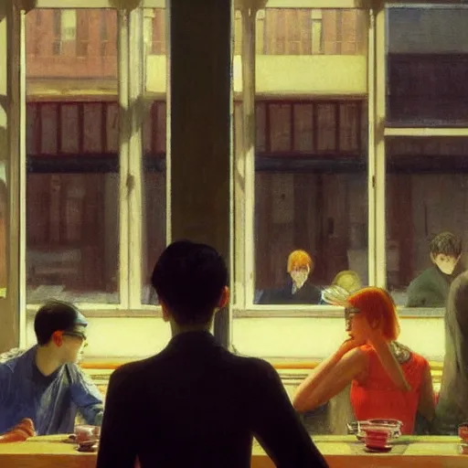 Prompt: a worried person in a crowded busy dystopian cafeteria interior everybody staring at the person, vibrant, by akihiko yoshida and edward hopper