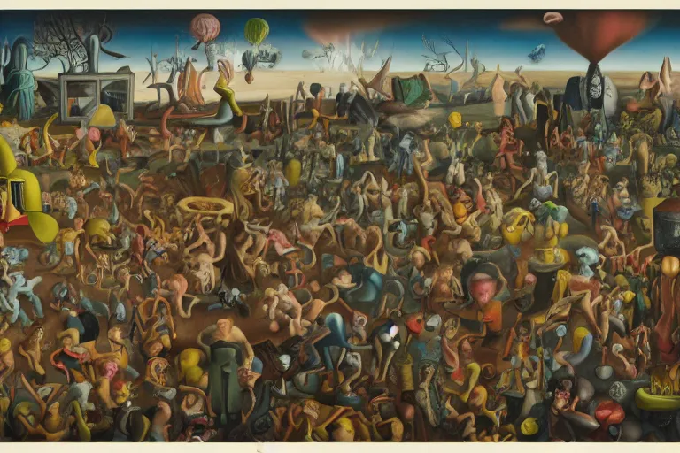 Prompt: a strange battle in an old hospital between old people and babies Robert Williams Yves Tanguy Mark Ryden and Alex Gross, Todd Schorr highly detailed balanced composition golden ratio masterpiece