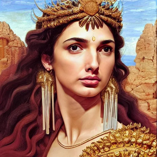 Image similar to Head and shoulders masterpiece portrait oil painting of the beautiful goddess Gal Gadot as Atenea, she is wearing roman clothes and a surreal jewelry, her hair is natural disheveled, she is approaching heaven over the clouds, naturalism, dramatic lighting, high-detailed oil painting by Ilya Repin, Michelangelo da Caravaggio, William Blake, Alex Grey and Beksinski, trending on Artsation, hystorical painting, naturalism, masterpiece, 4k, 8k,