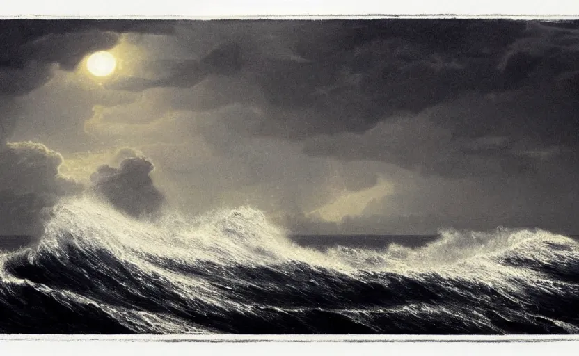 Prompt: middle of the ocean, large waves, no land, dark skies, close up shot, at dusk, 4k, rule of thirds, extreme detail, hazy, intricate ink illustration, surreal, surrealist, trending on artstation, cgsociety, hd, complimentary colours, realistic lighting, by Albert Bierstadt, Frederic Edwin Church.
