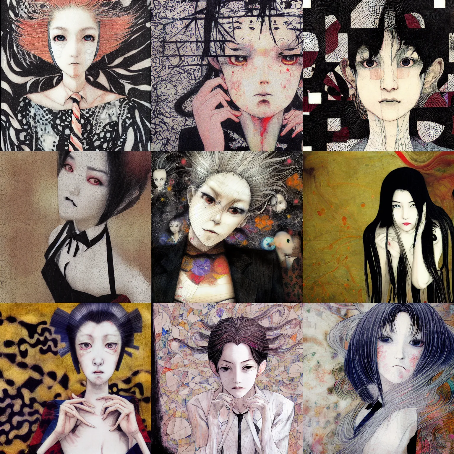 Image similar to yoshitaka amano blurred and dreamy realistic portrait of a woman with black eyes and white hair wearing dress suit with tie, junji ito abstract patterns in the background, satoshi kon anime, noisy film grain effect, highly detailed, renaissance oil painting, weird portrait angle, blurred lost edges, three quarter view