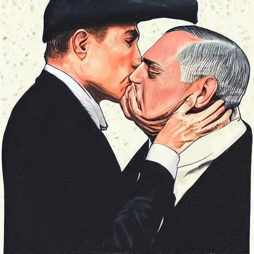 Image similar to benjamin netanyahu kissing tommy shelby, photorealistic, detailed