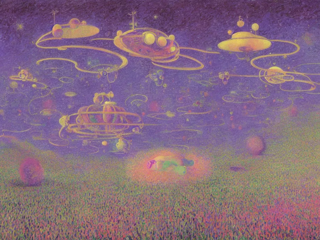 Image similar to psychedelics dream bot mothership over the former species. painting by monet, walton ford, wayne barlowe, agnes pelton, rene magritte