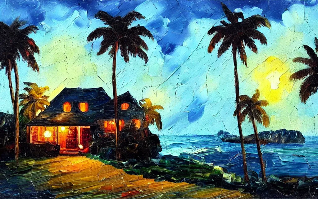 Prompt: a very very small island! with a paved patio!!, cute cozy large cottage!! and string lights!!!, palm trees, dark very late evening cloudy, dramatic and dynamic lighting, thick brush strokes oil impasto painting