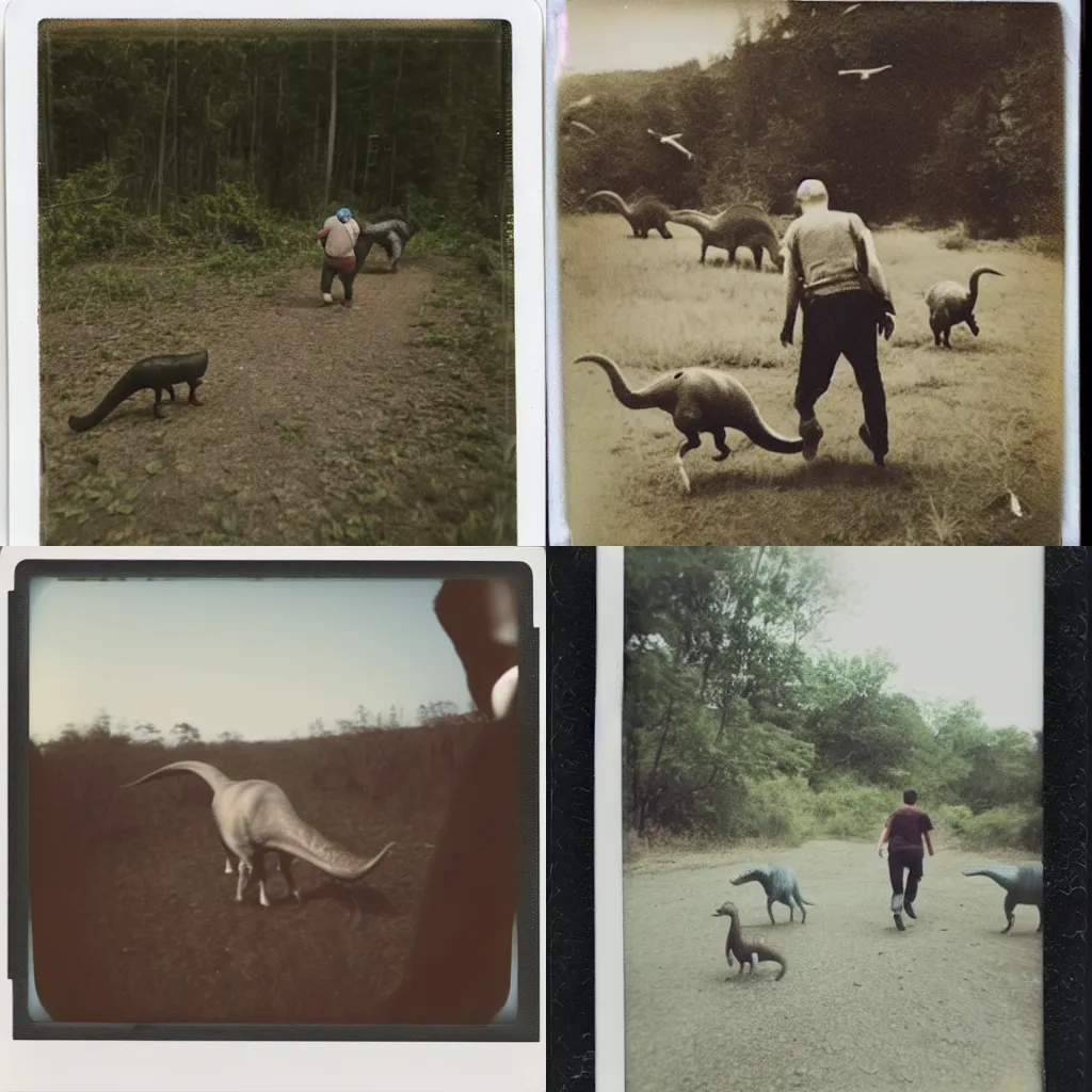 Prompt: A polaroid photo of a man chasing a herd of small dinosaurs