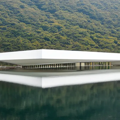 Prompt: a white cell structure art museum building in the shape of a fish on the surface of a beautiful lake. the indoor lighting is created by tadao ando and kazuo shimajima