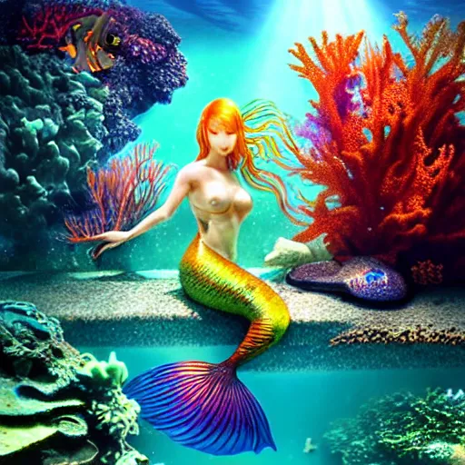 Image similar to a colorful cyborg mermaid, underwater, lush vegetation and coral, fish swimming around, god rays, dreamy, atmospheric, by Yoshitaka Amano