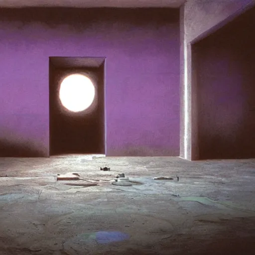 Prompt: painting of a scifi ancient civilzation empty room, purple sun, steve mccurry