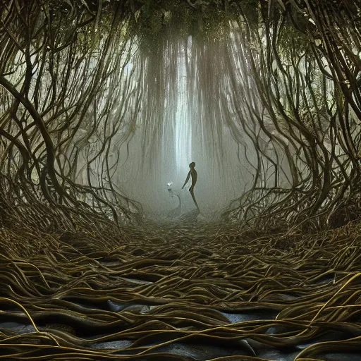 Image similar to the portal of nothingness lies under piles of modular synth cables mixed with mangrove roots, a place we can call our own together, by cameron gray, wlop, stanley kubrick, masamune, hideki anno, jamie hewlett, unique perspective, trending on artstation, 3 d render, vivid