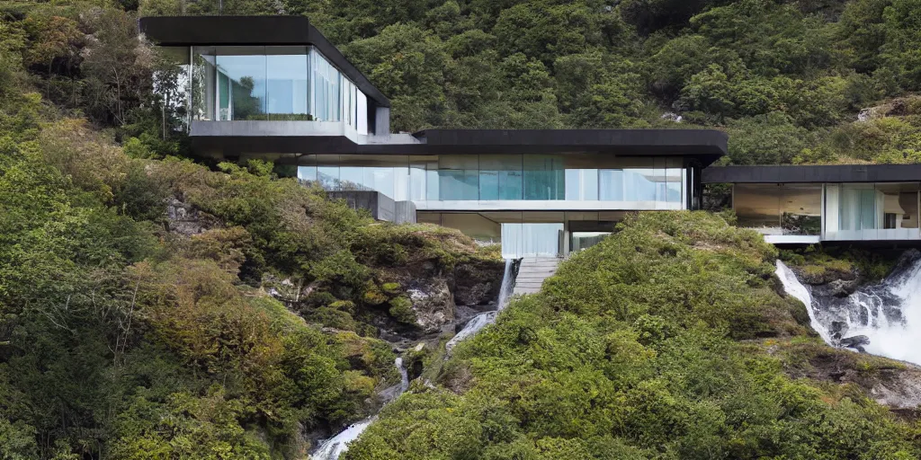 Prompt: a modernist residence on a cliffside with a waterfall