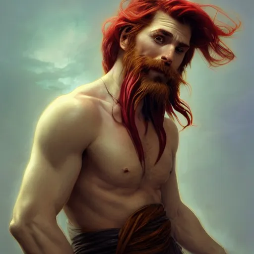 Image similar to portrait of a young ruggedly handsome but joyful pirate, male, masculine, upper body, red crimson crimson hair, long long flowing hair, fantasy, very smug smirk, intricate, elegant, highly detailed, digital painting, artstation, concept art, matte, sharp focus, illustration, art by artgerm and greg rutkowski and alphonse mucha