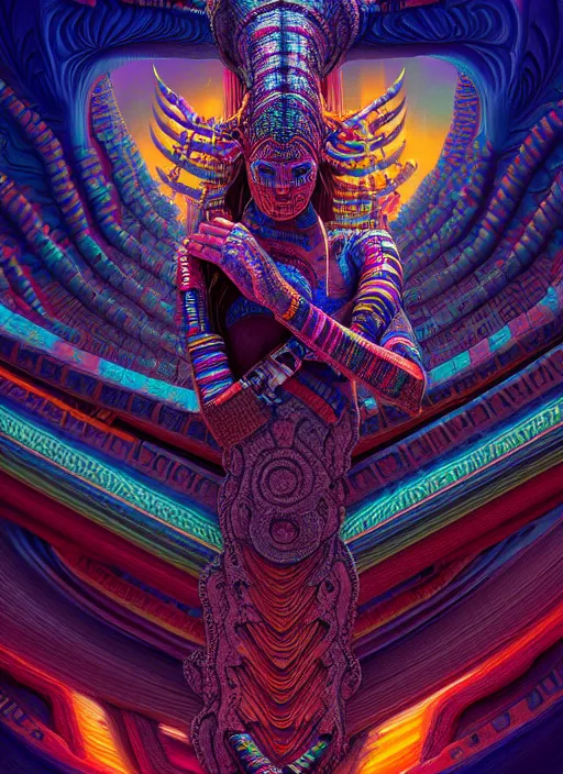 Image similar to hyper detailed ultra sharp 3 d render like a oil painting aztec serpent warrior princess, fractal plane, deep voyage, parallel existence, earthwave, colorful, neon, ornate, intricate, digital painting, concept art, smooth, sharp focus, illustration, art by artgerm and greg rutkowski and h. r. giger, 8 k