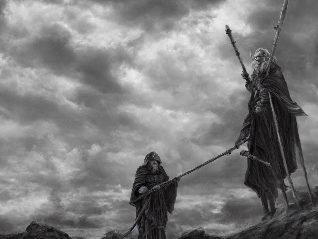 Image similar to Odin the wanderer in a grey cloak with his staff travelling walking on a path with clouds above him, neo-romanticism, norse mythology