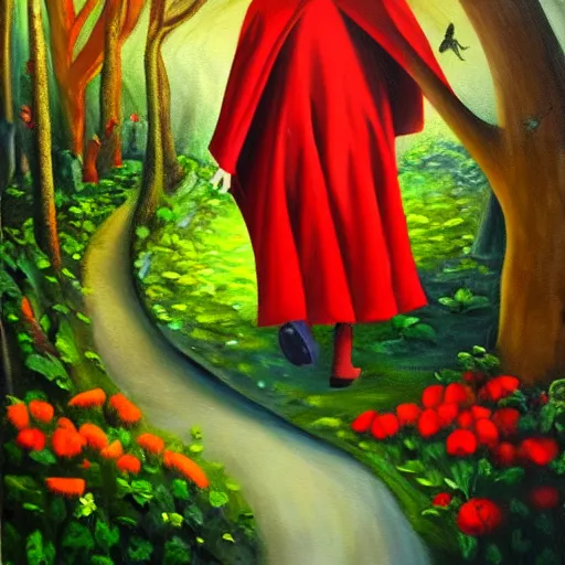 Image similar to oil painting of little red riding hood walking through a fantasy landscape filled with brugmansia suaveolens