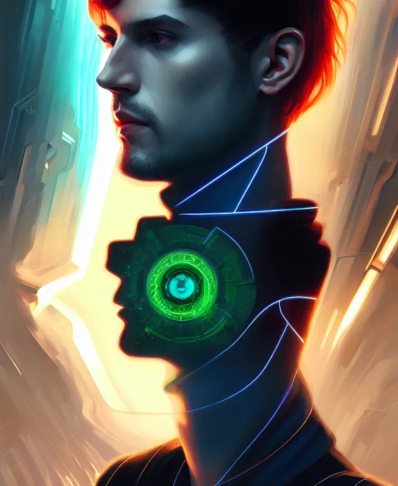 Image similar to a whirlwind inside the metaverse, guy, male, man, hologram, half body, neurochip, android, cyborg, cyberpunk face, by loish, d & d, fantasy, intricate, elegant, highly detailed, colorful, digital painting, artstation, concept art, art by artgerm and greg rutkowski and alphonse mucha