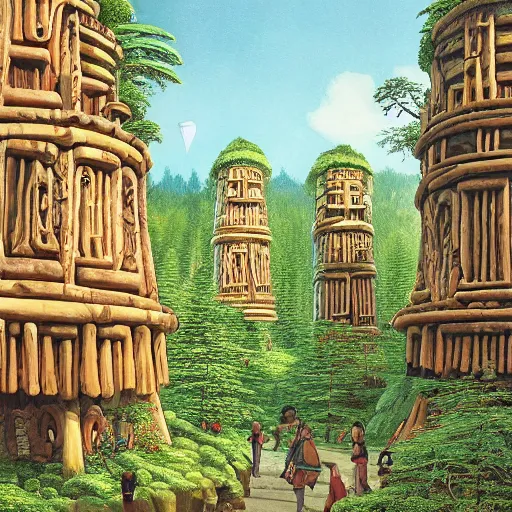 Image similar to Tlingit Maori forest of redwoods carved into towers with bulbous balconies, with a bazaar among their roots, by Studio Ghibli, Bruegel, Greg Rutkowski, and Ansel Adams, 1080p