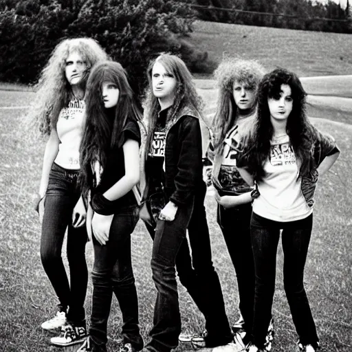 Prompt: group of 1 9 - year - old girls with shaggy wavy hair, wearing double denim, heavy metal band promo, thrash metal band promo, heavy rock band promo photo, 1 9 8 7 photo