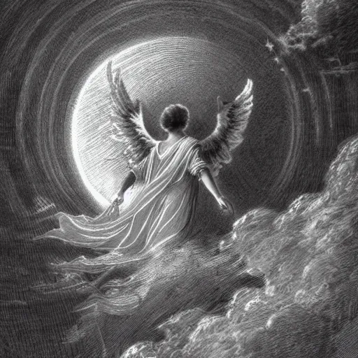 Prompt: an angel leading the souls of the elderly to heaven above a moonlit town the style of gustave dore, above a moonlit town with the moon and stars