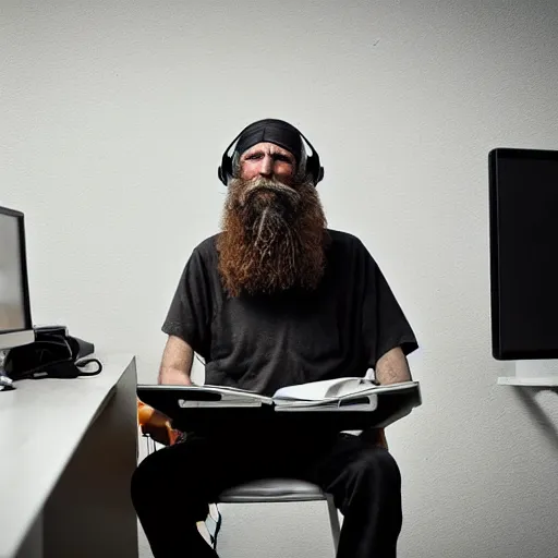 Prompt: homeless man with long beard and long hair sitting at his computer in an asylum, headphones on head, yorkshire terrier sitting beside him, film still 4 k 8 k