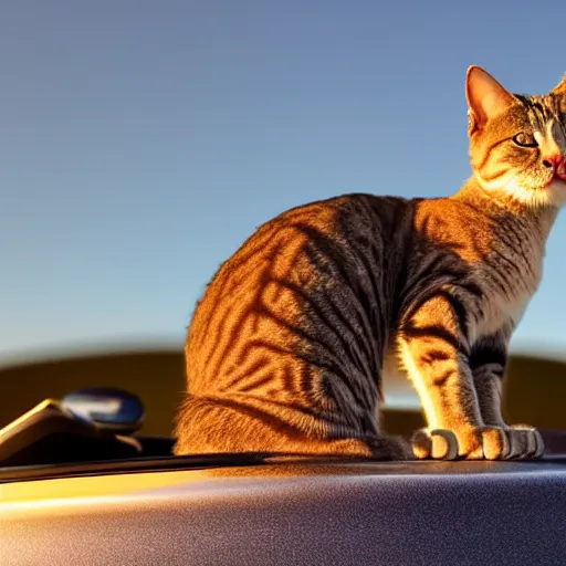 Image similar to cat cruising in a cabriolet, golden hour, front top side view, golden ratio, idyllic setting