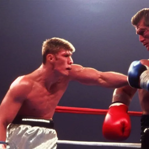 Image similar to mike tyson boxing ivan drago in a boxing ring in the movie rocky ii. movie still