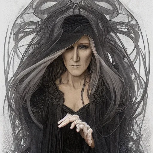 Prompt: beautiful lifelike award winning pencil illustration of celine dion as a scary wraith with her mouth wide open trending on art station artgerm greg rutkowski alphonse mucha museum quality cinematic atmospheric