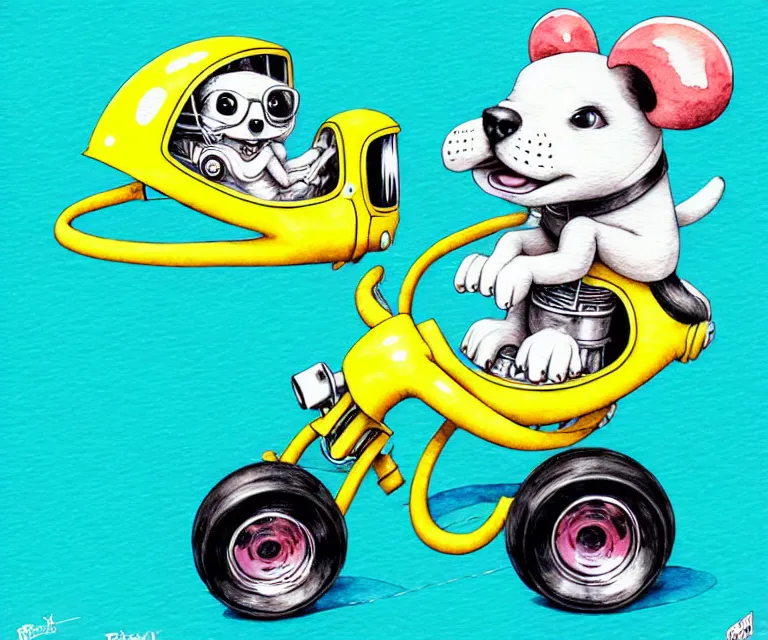 Image similar to cute and funny, puppy wearing a helmet riding in a tiny hot rod with an oversized engine, ratfink style by ed roth, centered award winning watercolor pen illustration, isometric illustration by chihiro iwasaki, edited by range murata, tiny details by artgerm and watercolor girl, symmetrically isometrically centered, sharply focused