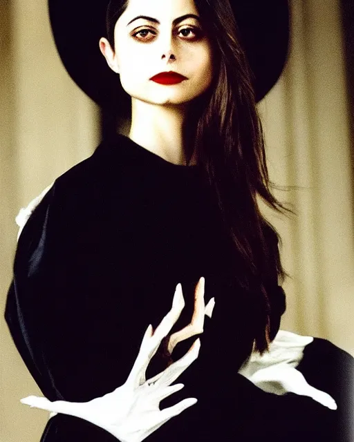 Prompt: style of john singer sargent : : gorgeous willa holland : : evil witch, swirling black magic : : symmetrical face, symmetrical eyes : : full body pose : : gorgeous black hair : : magic lighting, low spacial lighting : :