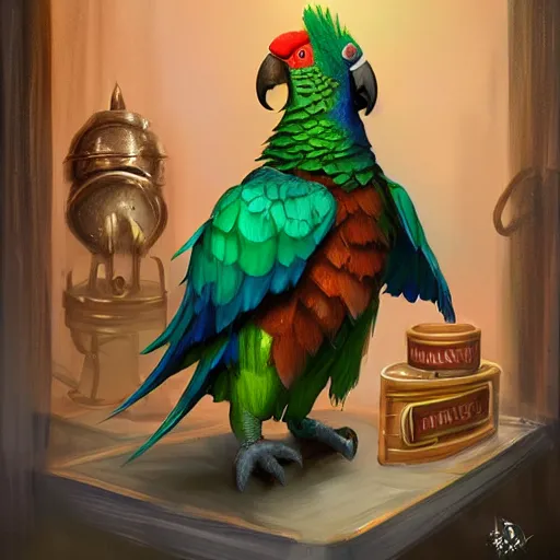 Image similar to Magic the gathering artwork of Anthropomorphized parrot trader in his shop, shelves full, selling a gem, portrait, items, magic potions, carpet, window, fancy funny hat, sly expression , cunning expression, cute expression, presenting magic gem, D&D, fantasy, cinematic lighting, highly detailed, digital painting, artstation, concept art, smooth, sharp focus, illustration, warm light, cozy warm tint, magic the gathering artwork, volumetric lighting, 8k, no gold, no gold colours, art by Akihiko Yoshida and Greg Rutkowski