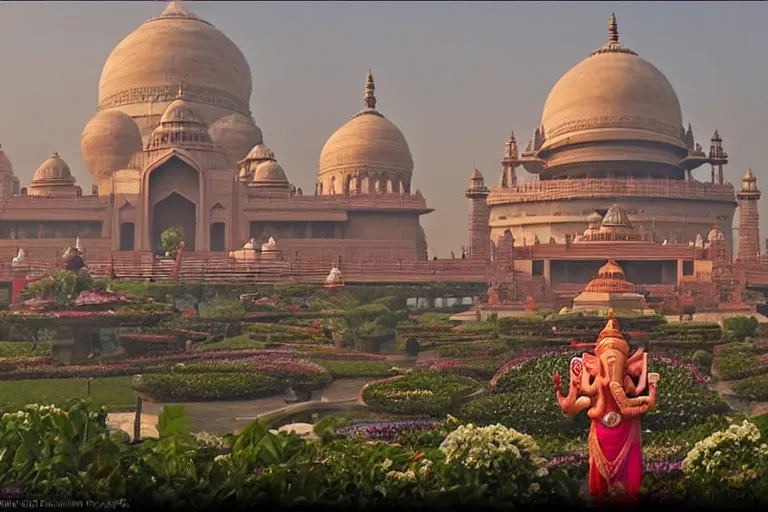 Image similar to beautiful futuristic new delhi, sharp sci - fi ganesha!! building, kalighat flowers, highly detailed cinematic, stephen shore & john j. park, soft morning light, wide shot, high angle, uhd 8 k, rack focus